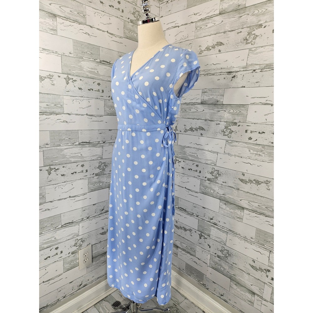 J Crew Women Blue Polka Dot Wrap Maxi Dress Sleeveless V-Neck Size MT